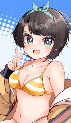 Rule 34 | 1girl, bare shoulders, bikini, black hair, blue eyes, blush, bow, bow hairband, breasts, cleavage, commentary request, denebudd, hair bow, hairband, highres, hololive, hood, hooded jacket, jacket, looking at viewer, medium breasts, navel, official alternate costume, official alternate hairstyle, oozora subaru, oozora subaru (hololive summer 2019), open mouth, orange bikini, polka dot hairband, short hair, shoulder blush, solo, stomach, striped bikini, striped clothes, swept bangs, swimsuit, upper body, v, virtual youtuber, yellow bikini, yellow jacket