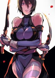 Rule 34 | 1girl, arms under breasts, bare shoulders, black hair, blood, blood on face, blue eyes, blue gloves, dual wielding, full moon, futabamidori, gloves, heterochromia, highres, holding, holding sword, holding weapon, japanese clothes, lips, looking at viewer, moon, night, night sky, ninja, outdoors, red eyes, samurai spirits, shiki (samurai spirits), short hair, short sword, sky, solo, sword, tantou, tattoo, weapon