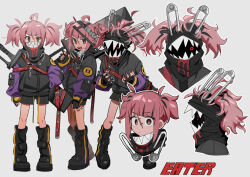 Rule 34 | 1girl, absurdres, ahoge, animal ears, black eyes, black footwear, black gloves, black hair, black shorts, boots, buster sword, character name, character sheet, covered mouth, fake animal ears, female focus, fingerless gloves, full body, gloves, glowing, glowing eyes, hair through headwear, highres, hyow, jacket, looking at viewer, mask, mouth mask, multicolored hair, original, red pupils, scar, scar on face, short shorts, shorts, simple background, solo, streaked hair, turban, twintails, weapon, weapon on back, white background
