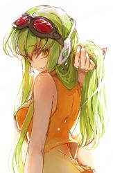 Rule 34 | 1girl, adjusting hair, bare shoulders, breasts, c.c., code geass, cosplay, creayus, goggles, goggles on head, green hair, gumi, gumi (cosplay), hair ornament, headset, holding, holding own hair, large breasts, long hair, looking at viewer, looking back, megapoid, simple background, smile, solo, trait connection, twitter username, vocaloid, white background, yellow eyes