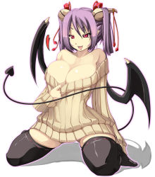 Rule 34 | 1girl, areola slip, bare shoulders, bat wings, black thighhighs, bottomless, breasts, cleavage, curvy, demon girl, demon tail, hair ornament, heart, highres, hip focus, huge breasts, kneeling, lilith (mon-musu quest: paradox), looking at viewer, naked sweater, naughty face, no pants, off-shoulder, off-shoulder sweater, off shoulder, open mouth, original, pointy ears, purple hair, red eyes, ribbed sweater, saliva, shiki (psychedelic g2), short hair, simple background, solo, spread legs, sweater, tail, thighhighs, tongue, white background, wide hips, wings, zettai ryouiki