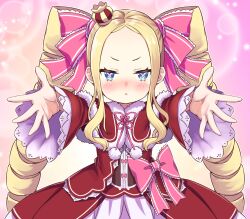 Rule 34 | 1girl, :&lt;, beatrice (re:zero), blonde hair, blue eyes, blush, bow, capelet, carry me, closed mouth, commentary request, crown, dress, drill hair, frilled sleeves, frills, fur-trimmed capelet, fur trim, long hair, long sleeves, looking at viewer, outstretched arms, pink background, pink bow, pink pupils, pink ribbon, re:zero kara hajimeru isekai seikatsu, red capelet, red dress, ribbon, s (hdru2332), solo, symbol-shaped pupils, twin drills, twintails