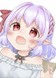 Rule 34 | 1girl, :d, alternate hairstyle, bare shoulders, blush, choker, collarbone, dress, fang, fangs, hair between eyes, happy, highres, no headwear, off-shoulder dress, off shoulder, open mouth, pastel (iero-guri-nn), pointy ears, red eyes, remilia scarlet, ribbon, short hair, simple background, skin fang, smile, solo, touhou, white background, wings