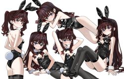Rule 34 | 1girl, animal ears, black bow, black bowtie, black footwear, black leotard, black pantyhose, black thighhighs, blue eyes, bow, bowtie, breasts, brown hair, choppy bangs, cleavage, collage, cropped legs, detached collar, elisia valfelto, fake animal ears, fake tail, full body, highleg, highleg leotard, leotard, light blush, long hair, looking at viewer, luicent, lying, on side, original, pantyhose, ponytail, rabbit-ear headwear, rabbit ears, rabbit tail, sidelocks, sitting, small breasts, standing, tail, thighhighs, twintails, wavy hair, white background, wrist cuffs
