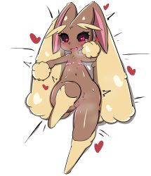 Rule 34 | 1girl, absurdres, bandaid, bandaids on nipples, bed sheet, black sclera, blush, body fur, brown fur, colored sclera, constricted pupils, creatures (company), dakimakura (medium), female focus, flat chest, from above, full body, furry, furry female, game freak, gen 4 pokemon, hand up, happy, heart, heart-shaped pupils, highres, knee up, legs, looking down, lopunny, lying, navel, nintendo, on back, open mouth, pasties, pokemon, pokemon (creature), pussy, rabbit ears, rabbit girl, red eyes, saliva, shadove, shiny skin, simple background, smile, solo, steam, steaming body, stomach, sweat, symbol-shaped pupils, tears, thighs, trembling, two-tone fur, uncensored, wavy mouth, white background, wide hips, yellow fur