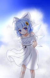 Rule 34 | 1girl, absurdres, ahoge, alternate costume, backlighting, blue eyes, blue hair, blush, bow, cirno, cloud, dress, fang, frilled dress, frills, hair bow, highres, ice, ice wings, leaning forward, looking at viewer, mofu mofu, see-through silhouette, sky, sleeveless, sleeveless dress, smile, solo, touhou, white dress, wings