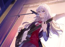 Rule 34 | 1girl, absurdres, ahoge, blazer, bow, bowtie, braid, collared shirt, elaina (majo no tabitabi), grey hair, highres, jacket, light blush, long hair, long sleeves, majo no tabitabi, microphone, microphone stand, necomi, official art, open mouth, playing guitar, purple eyes, red shirt, second-party source, shirt, single braid, solo, striped bow, striped bowtie, striped clothes