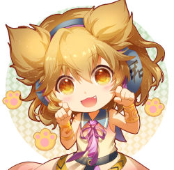 Rule 34 | 1girl, :d, bare arms, bare shoulders, belt, black belt, blonde hair, blouse, blush, bracelet, chibi, circle, commentary, earmuffs, fang, hair between eyes, hands up, head tilt, jewelry, jokanhiyou, light particles, looking at viewer, neck ribbon, open mouth, paw pose, paw print, pointy hair, purple ribbon, ribbon, shirt, short hair, simple background, sleeveless, sleeveless shirt, smile, solo, touhou, toyosatomimi no miko, upper body, white background, yellow eyes