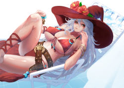 Rule 34 | bare legs, bare shoulders, belt, bra, breasts, chair, cleavage, flower, granblue fantasy, grey hair, hat, kangaruu (momotk1109), large breasts, large hat, looking at viewer, magisa (granblue fantasy), multiple belts, navel, panties, red bra, red headwear, red panties, relaxing, shaded face, sitting, sitting on object, stomach, swimsuit, thighs, underwear, wet, wet clothes, witch hat