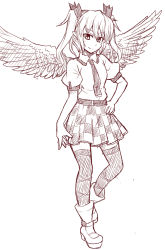 Rule 34 | 1girl, ankle boots, bird wings, boots, breasts, checkered clothes, checkered skirt, collared shirt, cross-laced clothes, cross-laced legwear, full body, hair ribbon, hand on own hip, hat, highres, himekaidou hatate, looking at viewer, miniskirt, monochrome, naughty face, pointy ears, puffy short sleeves, puffy sleeves, ribbon, shirt, short sleeves, sketch, skirt, small breasts, smile, smirk, solo, tanakara, thighhighs, touhou, twintails, wings