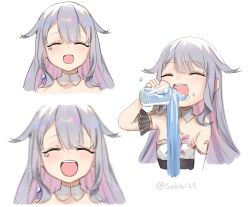 Rule 34 | 1girl, absurdres, closed eyes, cup, detached collar, detached sleeves, dress, highres, holding, holding cup, hololive, hololive english, jewel under eye, jewelry, koseki bijou, koseki bijou (1st costume), long hair, open mouth, sobbi11, virtual youtuber, water, white dress, white hair