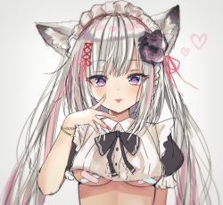 Rule 34 | 1girl, akino ell, animal ears, bandaid, bandaids on nipples, blue eyes, bow, bowtie, bracelet, breasts, cat ears, commentary request, crop top, flower, hair flower, hair ornament, hand up, heart, heart-shaped pupils, jewelry, large breasts, long hair, looking at viewer, maid, maid headdress, midriff, multicolored hair, multicolored nails, nail polish, no bra, original, pasties, shirt, short sleeves, silver hair, simple background, sketch, solo, symbol-shaped pupils, tongue, tongue out, two-tone hair, underboob, unfinished, upper body, white background, white shirt, wing collar