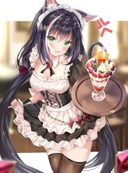 Rule 34 | 1girl, animal ear fluff, animal ears, black hair, black thighhighs, breasts, brown thighhighs, cat ears, cat girl, cat tail, cleavage, commentary request, fang, food, green eyes, holding, holding tray, karyl (princess connect!), long hair, looking at viewer, low twintails, maid, maid headdress, medium breasts, multicolored hair, open mouth, princess connect!, solo, standing, streaked hair, tail, tail raised, thighhighs, tray, twintails, very long hair, white hair, yama yuu07, zettai ryouiki