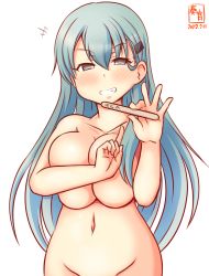 Rule 34 | 1girl, aqua eyes, aqua hair, artist logo, breasts, cleavage, commentary request, completely nude, dated, grin, groin, hair ornament, hairclip, kanon (kurogane knights), kantai collection, large breasts, long hair, nude, one-hour drawing challenge, out-of-frame censoring, popsicle stick, simple background, smile, solo, suzuya (kancolle), upper body, white background