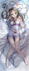 Rule 34 | 1girl, :o, absurdres, arm above head, atelier (series), atelier firis, barefoot, bed sheet, blush, bow, breasts, brown hair, character doll, circlet, collarbone, dakimakura (medium), firis mistlud, full body, green eyes, hair between eyes, hair spread out, hand on own chest, highres, lingerie, long hair, looking at viewer, lying, nail polish, navel, nightgown, official art, on back, on bed, open mouth, scan, shorts, solo, string, string of fate, thigh gap, tiara, toenail polish, toenails, underwear, white shorts, yuugen