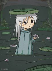 Rule 34 | 1girl, brown eyes, coat, flower, grey hair, highres, holding, holding flower, kishimen udn, lily (flower), lily pad, long hair, looking back, original, parted lips, partially submerged, pond, signature, solo, standing