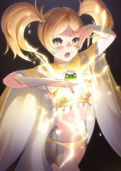 Rule 34 | 1girl, acrylicstroke, alternate color, blonde hair, blue eyes, bodystocking, breasts, cape, cleavage, cosplay, covered navel, dark mage (fire emblem fates), fire emblem, fire emblem awakening, fire emblem fates, frog, lissa (fire emblem), long hair, nintendo, ophelia (fire emblem), ophelia (fire emblem) (cosplay), see-through, small breasts, solo, thighs, twintails