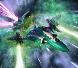 Rule 34 | airborne laser, aircraft, airplane, dated, directed-energy weapon, energy cannon, energy weapon, fighter jet, firing, flying, highres, jet, laser, laser cannon, macross, macross delta, mecha, military, military vehicle, motion blur, no humans, official art, robot, science fiction, signature, space, sv-262, tenjin hidetaka, thrusters, vehicle focus, vf-31, vf-31j