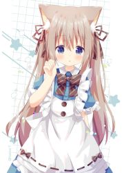 Rule 34 | 1girl, :o, animal ear fluff, animal ears, apron, blue dress, blue eyes, blush, bow, brown bow, brown hair, brown ribbon, cat ears, collared dress, commentary request, diagonal stripes, dress, frilled apron, frills, hair between eyes, hair ribbon, highres, long hair, looking at viewer, nakkar, original, parted lips, puffy short sleeves, puffy sleeves, ribbon, ribbon-trimmed apron, ribbon trim, short sleeves, solo, star (symbol), starry background, striped, striped bow, twintails, very long hair, white apron