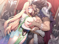 Rule 34 | 1boy, 1girl, banzoku ni totsuida elf no hime, bare shoulders, blonde hair, blue eyes, blush, braid, grabbing another&#039;s breast, breasts, breasts out, cape, clothing cutout, detached collar, elbow gloves, elf, embarrassed, eyebrows hidden by hair, feet out of frame, french braid, gloves, grabbing, groin, height difference, highres, huge breasts, indoors, legs, licking, long hair, narumi cristear note, navel, navel cutout, nipples, no eyes, original, pointy ears, standing, thighs