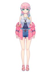 Rule 34 | 1girl, absurdres, aqua eyes, aqua hair, arms at sides, braid, closed mouth, covered navel, deadnooodles, denim, denim shorts, earrings, gradient hair, hair ornament, highres, indie virtual youtuber, jacket, jewelry, long hair, looking at viewer, multicolored hair, necklace, off shoulder, one-piece swimsuit, pink footwear, pink hair, pink jacket, planet hair ornament, sandals, second-party source, shorts, simple background, smile, solo, standing, star uanko, swimsuit, swimsuit under clothes, toeless footwear, virtual youtuber, white background
