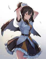 Rule 34 | 1girl, :o, alternate hairstyle, belt, black wings, breasts, brown hair, commentary request, falken (yutozin), frilled skirt, frills, high ponytail, highres, looking away, medium breasts, pom pom (clothes), puffy short sleeves, puffy sleeves, red eyes, shameimaru aya, shirt, short sleeves, sidelocks, skirt, solo, touhou, tying hair, wings