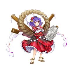 Rule 34 | 1girl, aged down, black skirt, closed mouth, crossed arms, frilled skirt, frills, full body, game cg, hair ornament, highres, layered sleeves, leaf hair ornament, long sleeves, looking at viewer, onbashira, purple hair, red eyes, red shirt, red skirt, rope, rotte (1109), shimenawa, shirt, short hair, short over long sleeves, short sleeves, simple background, skirt, smile, solo, standing, third-party source, touhou, touhou lostword, two-tone skirt, white background, yasaka kanako, yasaka kanako (moriya&#039;s official tiny god)