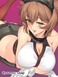 Rule 34 | 10s, 1girl, ass, bare arms, black skirt, blush, breasts, brown hair, cleavage, collar, crossed arms, flipped hair, gloves, green eyes, hair between eyes, halterneck, headgear, kantai collection, large breasts, looking at viewer, lying, metal belt, miniskirt, mutsu (kancolle), on stomach, pleated skirt, purple background, red legwear, seductive smile, short hair, skirt, smile, solo, striped legwear, twitter username, white gloves, youmou usagi