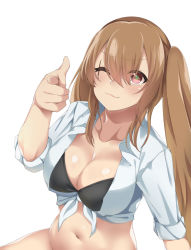 Rule 34 | 1girl, :3, bad id, bad pixiv id, bikini, black bikini, breasts, brown hair, cleavage, closed mouth, collarbone, commentary, front-tie top, girls&#039; frontline, hair between eyes, hand up, highres, large breasts, long hair, looking at viewer, navel, one eye closed, pointing, pointing at viewer, red eyes, revision, shiny skin, shirt, sidelocks, simple background, sitting, solo, spicy moo, swimsuit, tied shirt, twintails, ump9 (girls&#039; frontline), very long hair, white background