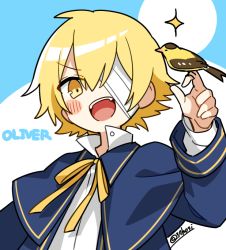 Rule 34 | 1boy, bandage over one eye, bird, blonde hair, blue capelet, blue jacket, blush stickers, capelet, character name, commentary, jacket, james (vocaloid), looking at viewer, male focus, minahoshi taichi, neck ribbon, oliver (vocaloid), open mouth, ribbon, shirt, sparkle, upper body, v-shaped eyebrows, vocaloid, white shirt, yellow eyes, yellow ribbon