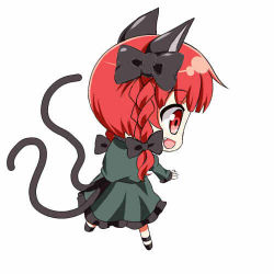 Rule 34 | 1girl, :d, animal ears, black bow, bow, braid, cat ears, cat tail, chibi, dress, fang, from side, full body, green dress, hair bow, honda takaharu, jpeg artifacts, kaenbyou rin, looking away, lowres, multiple tails, nekomata, open mouth, profile, red eyes, red hair, sideways mouth, smile, solo, tail, touhou, twin braids, white background