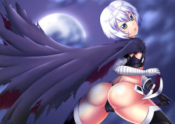 Rule 34 | 1girl, ass, bandages, black thighhighs, blade, cape, dual wielding, fate/apocrypha, fate/grand order, fate (series), green eyes, holding, jack the ripper (fate/apocrypha), looking at viewer, moon, ongkaizer, open mouth, scar, shiny skin, short hair, silver hair, skindentation, solo, thighhighs, thong