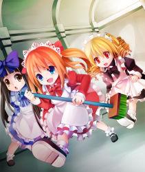 Rule 34 | 3girls, apron, bad id, bad pixiv id, blonde hair, blue eyes, bow, bowtie, broom, brown eyes, brown hair, chibi, drill hair, fang, female focus, hair bow, luna child, maid, maid apron, maid headdress, mop, multiple girls, oriental sacred place, red eyes, ringpearl, star sapphire, sunny milk, touhou, twintails, wings