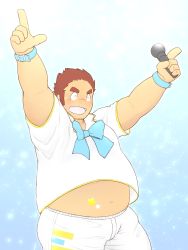 Rule 34 | 1boy, 3c pan, :d, ^ ^, alternate costume, arm belt, arms up, bara, belly, blush, bow, brown hair, bulge, closed eyes, clothes lift, cowboy shot, closed eyes, facial hair, facial scar, tamamura gunzo, highres, holding, holding microphone, index finger raised, long sideburns, male focus, microphone, midriff peek, muscular, muscular male, open mouth, pants, scar, scar on cheek, scar on face, shirt, shirt lift, short hair, sideburns, smile, solo, spiked hair, stomach, stubble, thick eyebrows, tokyo houkago summoners, white pants, white shirt