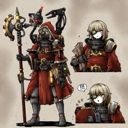 ! !! 1girl adeptus_mechanicus armor artificial_eye axe blonde_hair bread bread_slice commentary cropped_torso english_commentary eyepatch food gas_mask halberd highres hood mask mechanical_tentacles multiple_views octosoup omnissian_axe polearm purity_seal red_robe robe scroll servo-skull short_hair skull solo toast toaster warhammer_40k weapon wrist_computer yellow_eyes