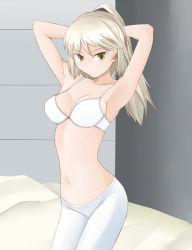 Rule 34 | 1girl, armpits, arms up, blonde hair, bra, breasts, laura nissinen, lingerie, medium breasts, navel, pantyhose, ponytail, solo, strike witches, strike witches: aurora no majo, tanaka rikimaru, underwear, white pantyhose, world witches series, yellow eyes