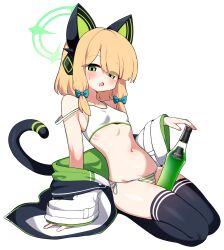 Rule 34 | 1girl, absurdres, alcohol, animal ear headphones, animal ears, bare shoulders, black thighhighs, blonde hair, blue archive, blush, bottle, bra, breasts, cat ear headphones, fake animal ears, green eyes, halo, headphones, highres, jacket, lettu, long hair, looking at viewer, midori (blue archive), navel, off shoulder, open mouth, panties, seiza, side-tie panties, simple background, sitting, small breasts, solo, sports bra, strap slip, striped clothes, striped panties, sweat, tail, thighhighs, underwear, white background, white bra
