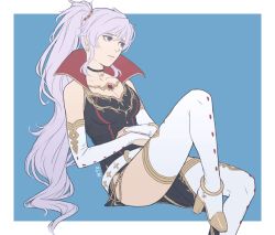 Rule 34 | 1girl, anklet, artist request, bad id, bad twitter id, boots, breasts, cape, cleavage, dress, earrings, elbow gloves, fire emblem, fire emblem: genealogy of the holy war, fire emblem heroes, gloves, ishtar (fire emblem), jewelry, long hair, medium breasts, necklace, nintendo, ponytail, purple eyes, side ponytail, sidelocks, silver hair, simple background, sitting, solo, thigh boots, thighhighs
