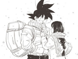 Rule 34 | 1boy, 1girl, adjusting scarf, amepati, bag, black eyes, black hair, braid, breath, chi-chi (dragon ball), couple, dragon ball, dragonball z, greyscale, hand in pocket, happy, hetero, looking at another, looking away, monochrome, profile, scarf, short hair, simple background, smile, snow, son goku, spiked hair, upper body, white background, winter, winter clothes