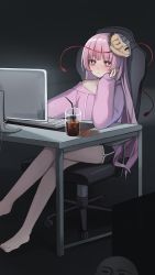 Rule 34 | 1girl, absurdres, alternate costume, bare legs, barefoot, black shorts, casual, closed mouth, commentary request, crossed legs, desk, expressionless, feet out of frame, grunel (grunel 7979), hata no kokoro, highres, hood, hoodie, long hair, long sleeves, mask, pink eyes, pink hair, pink hoodie, shorts, sleeves past wrists, solo, toenails, toes, touhou, very long hair