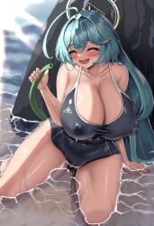 Rule 34 | 1girl, :d, absurdres, aqua hair, arm support, bare arms, black one-piece swimsuit, blue archive, breasts, cleavage, closed eyes, collarbone, commentary request, competition swimsuit, covered erect nipples, covered navel, curvy, halo, highres, holding, holding hose, hose, huge breasts, huge nipples, long hair, looking at viewer, mechanical halo, mua (mua pb), one-piece swimsuit, open mouth, partially submerged, sitting, smile, solo, swimsuit, variant set, wet, yume (blue archive)
