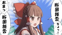 Rule 34 | 1girl, bow, brown eyes, brown hair, detached sleeves, hair bow, hakurei reimu, highres, long hair, nontraditional miko, ponytail, red bow, sei (kaien kien), solo, touhou, translated