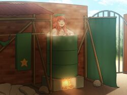 Rule 34 | 1girl, barrel, bath, bathing, breasts, cleavage, day, drum bath, fire, hong meiling, large breasts, long hair, nude, outdoors, red hair, shirosato, sky, star (symbol), star print, steam, touhou, water