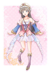 Rule 34 | 1girl, :d, atelier (series), atelier totori, bag, bare shoulders, bonnet, boots, breasts, brown hair, cleavage, detached sleeves, dress, female focus, full body, hat, long hair, looking at viewer, miniskirt, open mouth, outside border, shizufa, shoulder bag, skirt, smile, solo, thigh gap, totooria helmold