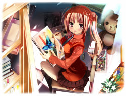 Rule 34 | 1girl, art brush, blush, bug, butterfly, candy, chair, drawing, bug, lollipop, md5 mismatch, original, paintbrush, palette (object), red eyes, red hair, shino (eefy), sitting, sketchbook, solo, stuffed animal, stuffed toy, twintails