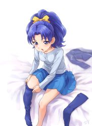 Rule 34 | 10s, 1girl, blue eyes, blue hair, blue shirt, blue skirt, blue socks, bow, chocokin, hair bow, kirakira precure a la mode, looking at viewer, open mouth, parted bangs, precure, shirt, short hair, simple background, sitting, skirt, socks, solo, tategami aoi, white background, yellow bow