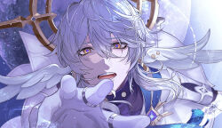 Rule 34 | 1boy, aegyo sal, coat, gloves, grey hair, halo behind head, head wings, high collar, highres, honkai: star rail, honkai (series), jewelry, kamino eru, looking at viewer, male focus, multiple rings, open mouth, outstretched arm, ring, solo, sunday (honkai: star rail), teeth, white coat, white gloves, white wings, wings, yellow eyes