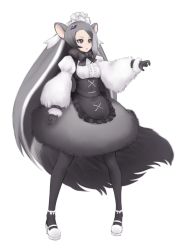 Rule 34 | 10s, 1girl, black hair, bow, bowtie, full body, fur trim, giant anteater (kemono friends), gloves, grey hair, hair ornament, ise (0425), kemono friends, long hair, multicolored hair, open mouth, pantyhose, purple eyes, simple background, solo, standing, very long hair, white background, white hair