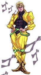 Rule 34 | 1boy, blonde hair, bracelet, crotchless, crotchless pants, derivative work, dio brando, full body, hands on own hips, headband, heart-shaped ornament, heart kneepads, highres, jacket, jewelry, jojo no kimyou na bouken, male focus, comic panel redraw, menacing (jojo), pants, red eyes, ruushii (lucy steel6969), shirt, simple background, solo, standing, stardust crusaders, tight clothes, tight shirt, turtleneck, white background, yellow jacket