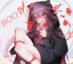 Rule 34 | 1girl, akishycat, alternate costume, animal hood, black hoodie, black nails, brown hair, cat hood, double scoop, fire, flower, flower-shaped pupils, food, genshin impact, ghost, highres, holding food, holding ice cream, hood, hood up, hoodie, hu tao (genshin impact), ice cream, ice cream cone, long hair, long sleeves, looking at viewer, open mouth, plum blossoms, red eyes, smile, symbol-shaped pupils, twintails